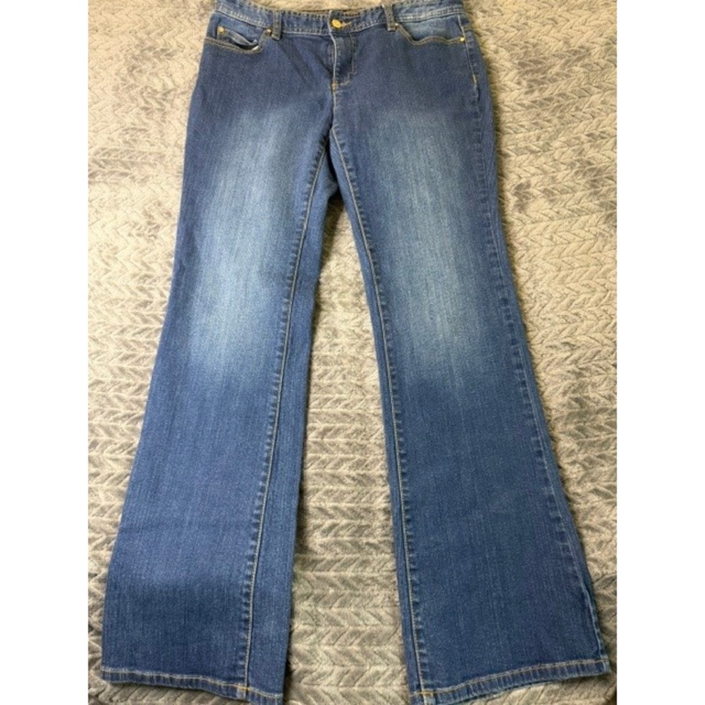 Michael Kors Womens Size 8 Medium Wash Flare Bootcut Jeans Gold Logo Plaque 0325